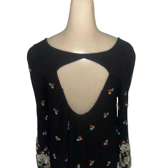 Free People Embroidered Oxford Swing Dress Tunic Black Small Floral Bohemian EUC - Picture 8 of 10